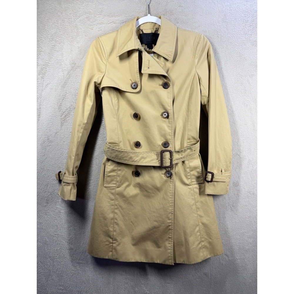 J.Crew Collection Trench Coat Women 00 Tan Double Breasted Belted Classic Jacket
